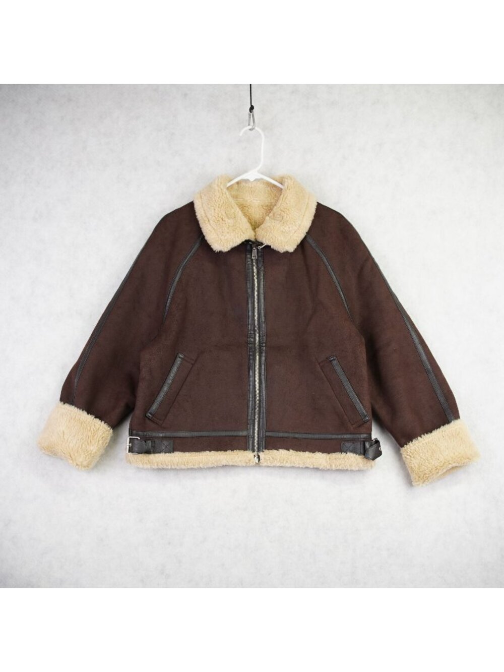 InstantFunk Womens Faux Lamb Sherpa Aviator Bomber Jacket Size M Brown K-pop
